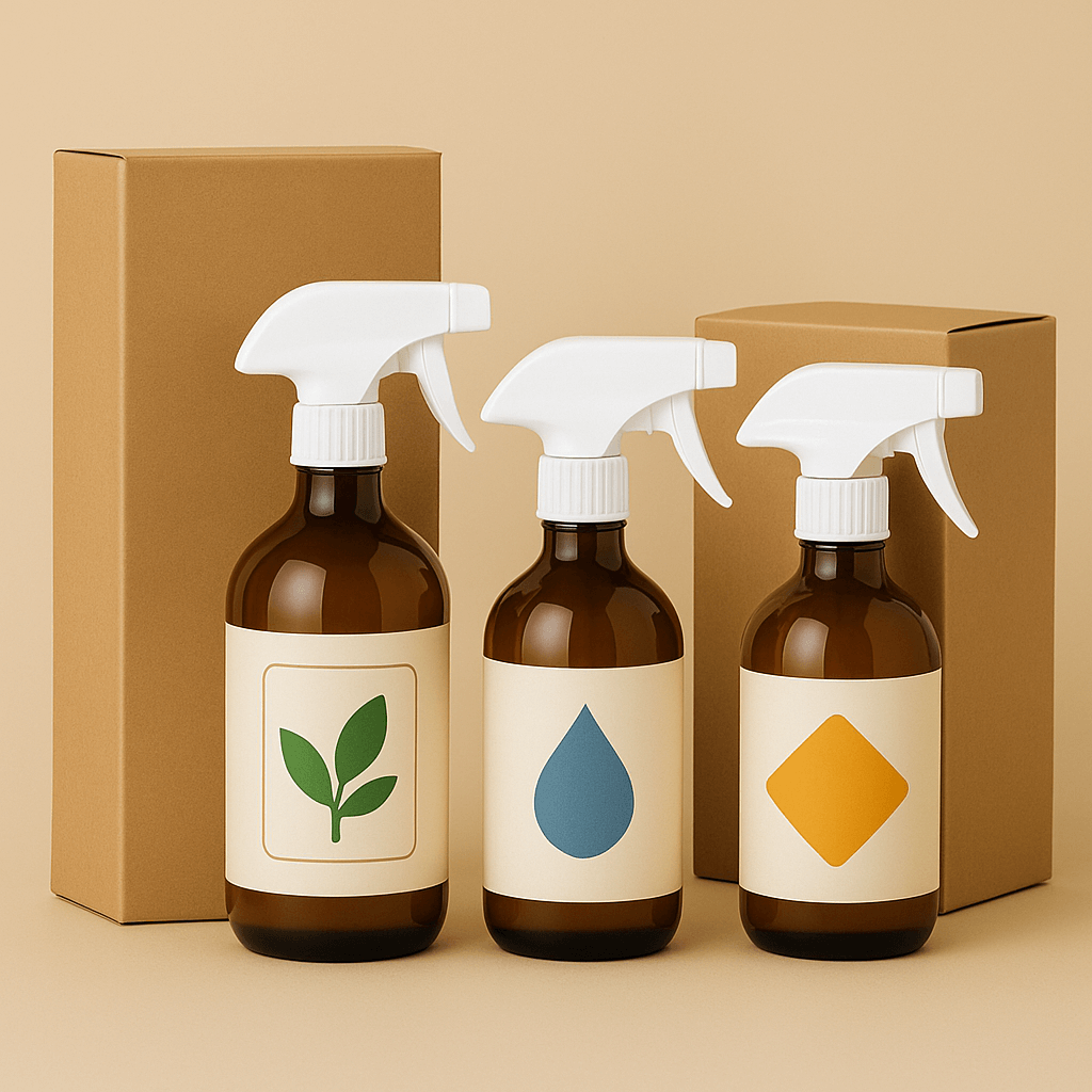 Three chemical products in a packaging setting