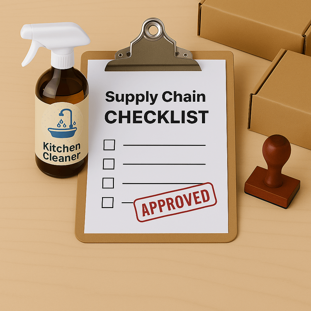 a Supply Chain checklist with a kitchen cleaner bottle