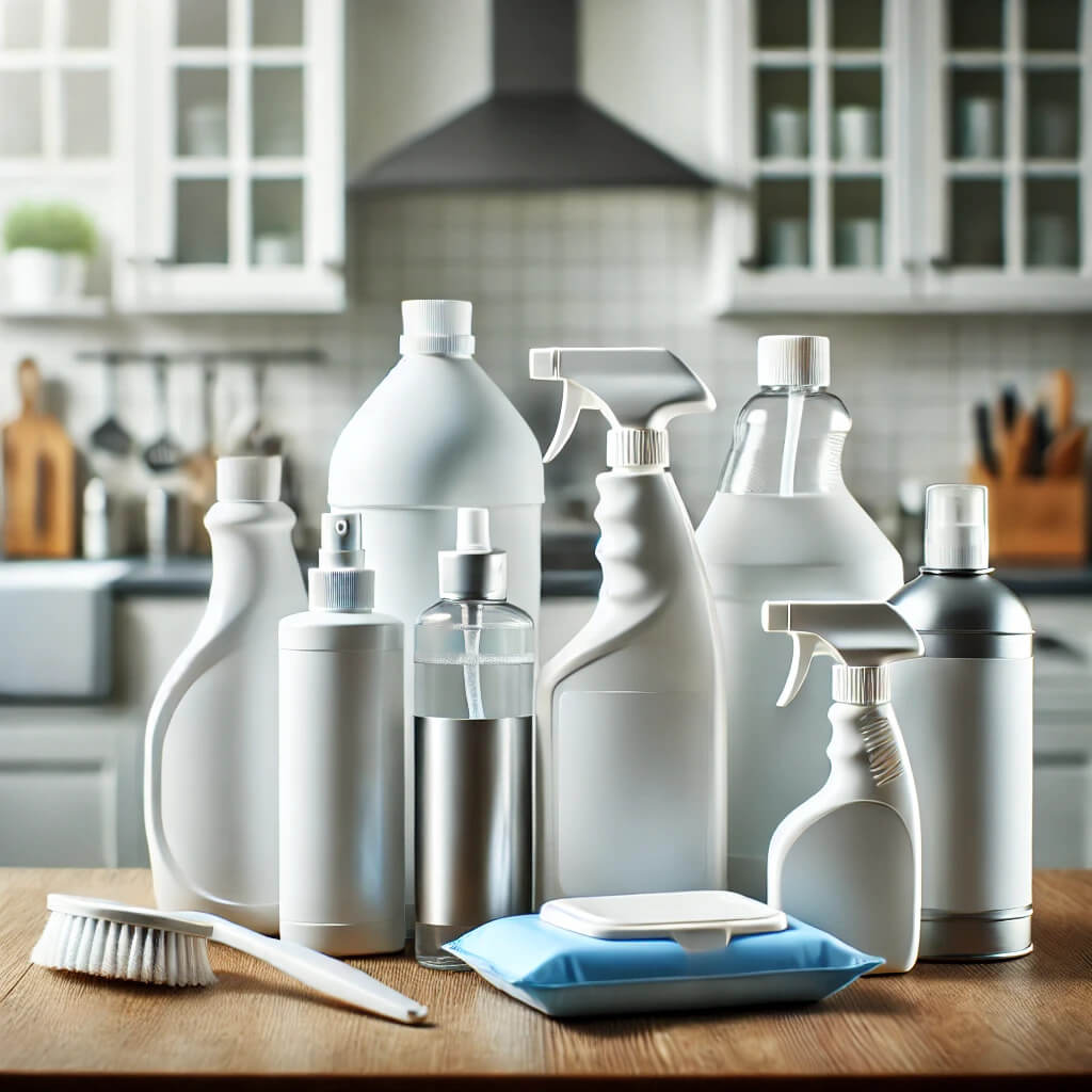 Cleaning products on a kitchen counter
